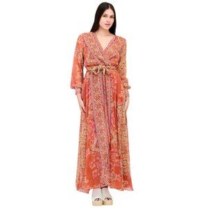 Spy Zone Exchange Maxi Dress Boho Rust Orange Print Belted SMALL New NWT